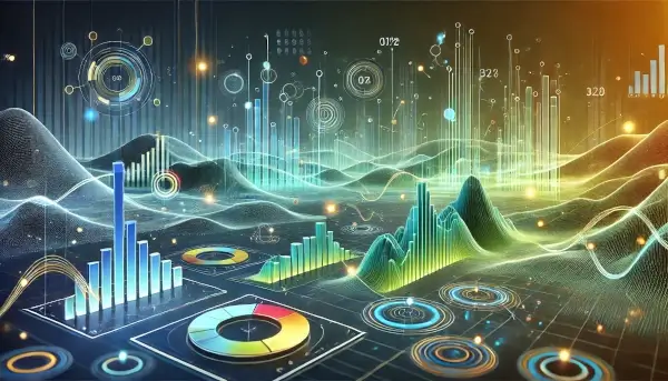 Abstract analytics illustration with glowing charts and nodes, symbolizing data insights in a futuristic design.