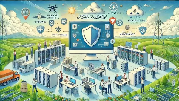 Illustration depicting preventive measures to avoid downtime that showcases various protective strategies and the proactive efforts of IT professionals.