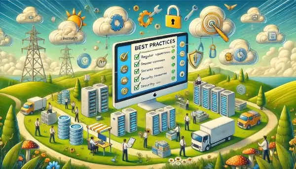 Illustration depicting best practices for maintaining website uptime that emphasizes the importance of regular updates, security measures, and maintenance.