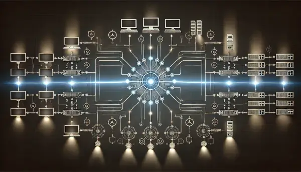 A bus network topology illustration showing a central horizontal line with multiple glowing nodes connected along it against a dark background.