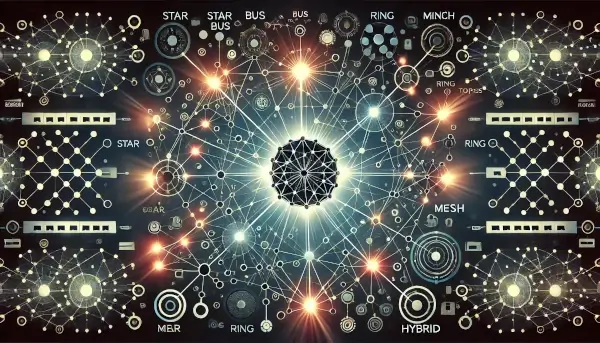 An abstract illustration of various network topologies, including star, bus, ring, mesh, and hybrid patterns, interconnected with glowing nodes and lines against a dark background.