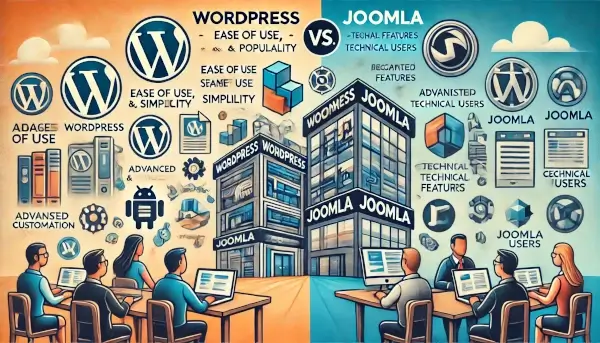 An image highlighting the strengths of both WordPress and Joomla for various user types