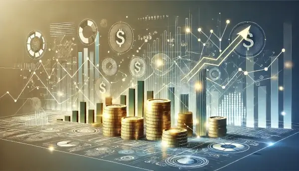 Abstract illustration of finances with coins, bar charts, and arrows, symbolizing growth and wealth in a futuristic style.