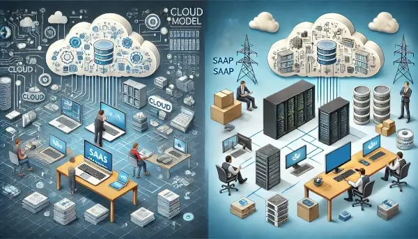 An image visually comparing two different software models. The left side represents the cloud-based SaaS environment, while the right side depicts the traditional office setting associated with SaaP.