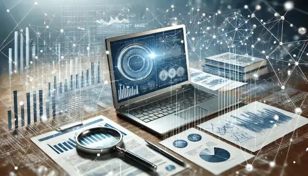 Abstract digital scene with a laptop displaying charts, magnifying glasses, and data points, symbolizing content analysis and data flow.