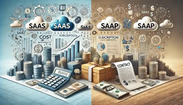 An image visually representing cost and financial considerations in software models. The left side highlights the ongoing, scalable costs associated with SaaS, while the right side focuses on the upfront, controlled costs of SaaP.