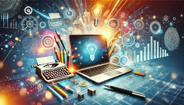 Creative digital scene with a laptop, abstract paper stacks, and glowing designs, symbolizing content creation. Light beams in the background suggest creativity and efficiency.