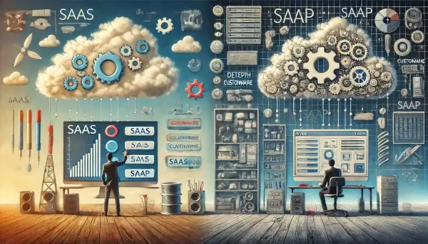 An image visually depicting the concepts of customization and flexibility in software. The left side represents SaaS's flexible and customizable nature, while the right side shows the detailed, hands-on customization possible with SaaP.