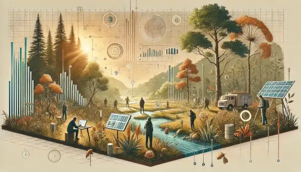 Illustration of data collection in a natural setting, featuring a lush forest with researchers observing and taking notes, surrounded by trees, plants, and streams, with sunlight filtering through the canopy.