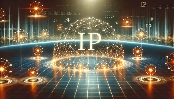 Network grid with glowing interconnected nodes and pathways, symbolizing an IP address and data flow.