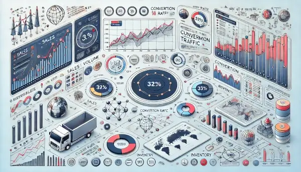 An e-commerce dashboard with charts, graphs, and icons showing sales volume, conversion rate, customer traffic, and revenue growth.