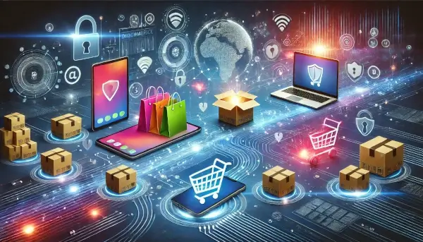 An illustration depicting eCommerce transactions with devices, shopping carts, and secure payment elements, all set within a high-tech digital environment.