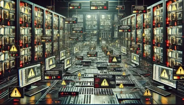 Network control room in a state of failure, with warning lights and disrupted data signals capturing the essence of failed network monitoring.