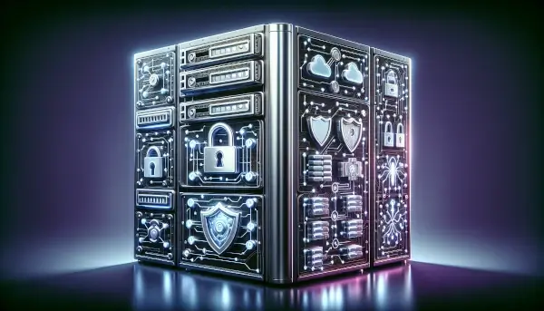 Illustration of a file server with data security icons