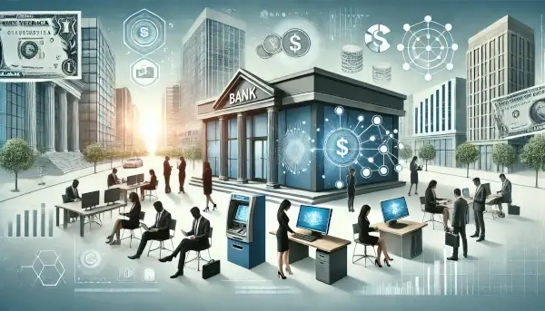 Modern finance scene with a bank, people using digital devices for transactions, and symbols of digital money transfers.