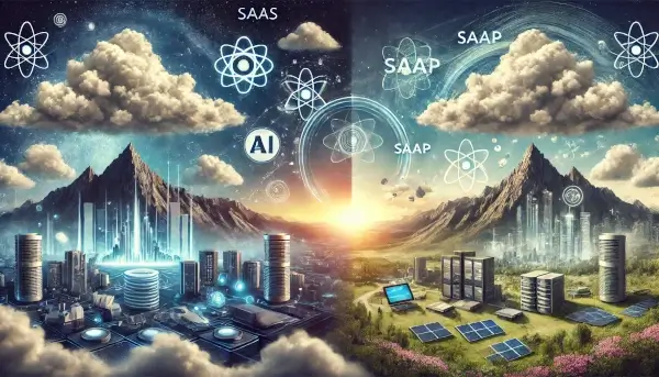 An image visually representing the concept of future outlook in software and technology. The left side showcases SaaS's futuristic, rapidly evolving environment, while the right side illustrates the steady, progressive innovations associated with SaaP.