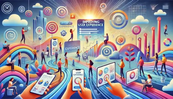 An illustration capturing the concept of improving user experience, featuring diverse users engaging with a futuristic, intuitive interface.