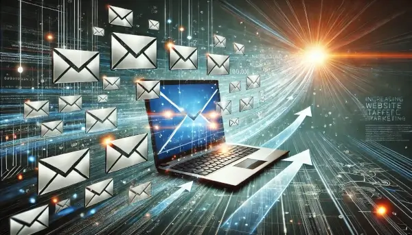 Digital scene with a laptop and flowing email envelopes turning into arrows, symbolizing website traffic growth through email marketing.