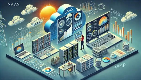 An image visually representing monitoring SaaS and SaaP systems. The left side highlights the automated, digital monitoring of SaaS, while the right side depicts the manual, hardware-based monitoring process of SaaP.