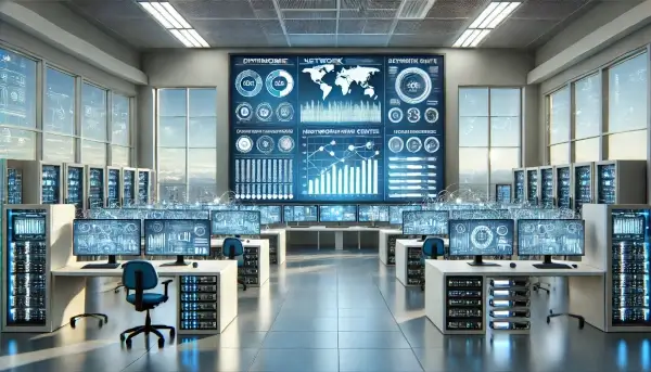 A well-organized network operations center that conveys a sense of efficiency and control.