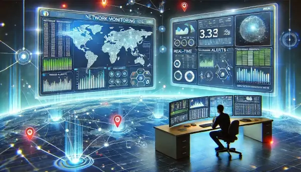 An illustration representing a network monitoring tool, capturing a futuristic control room with real-time data visualization and interconnected network flow.