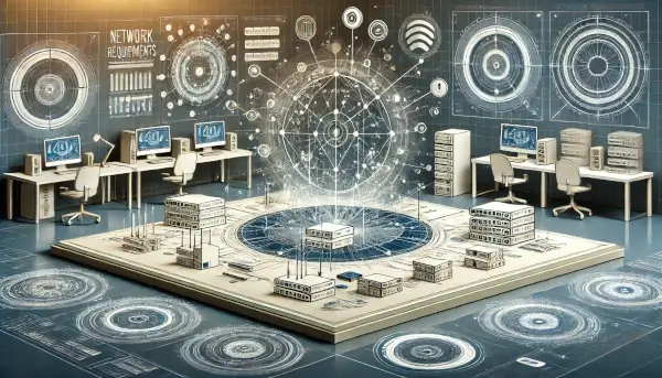 A futuristic illustration of network architecture with interconnected shapes, glowing icons, and a clean, tech-focused design in blue and gray tones.