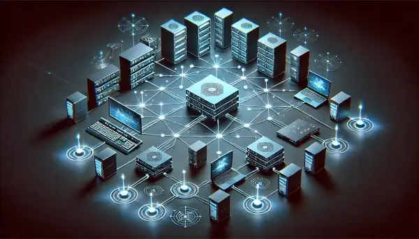 A futuristic network topology illustration with glowing nodes and lines connecting devices like routers, servers, and computers on a dark background.