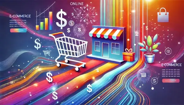 An online e-commerce website with active shopping carts, flowing currency symbols, and dynamic data lines, symbolizing profitability and growth.