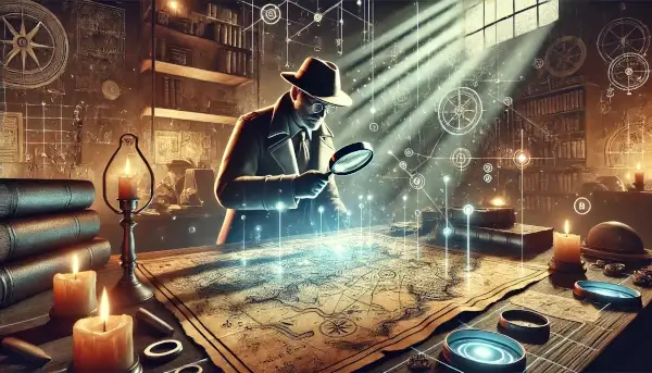 A detective scans an old map with a magnifying glass, glowing lines highlighting key areas on a cluttered table in a dimly lit room.