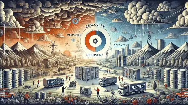 Illustration depicting response and recovery from downtime that highlights the efforts and teamwork involved in overcoming issues.