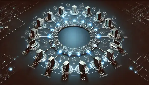 A ring network topology illustration featuring glowing nodes connected in a circular formation against a dark background.