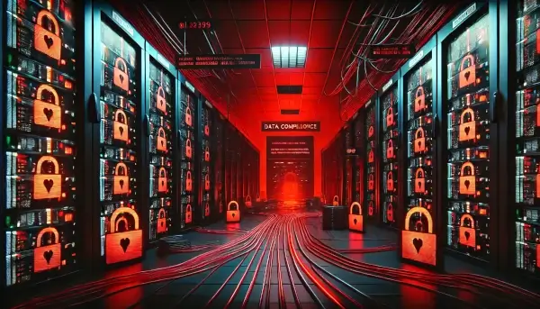 A dark server room with glowing red data lines and broken security icons, symbolizing security breaches and data compromises.