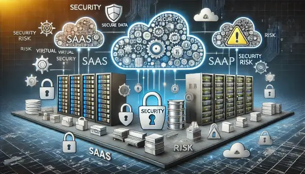 An image visually representing the concepts of security and risk in software systems. The left side illustrates the cybersecurity aspect of SaaS, while the right side depicts the physical security and associated risks of SaaP.