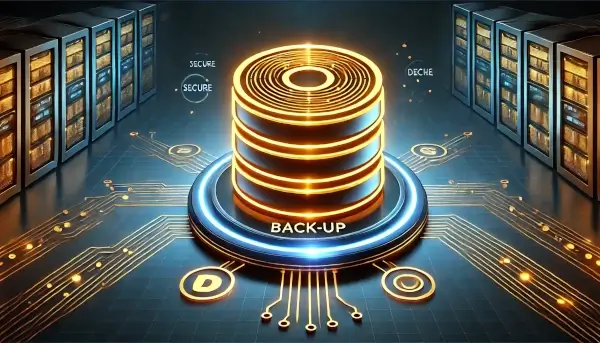 A layered secure storage and interconnected data flows, symbolizing backup and reliability.