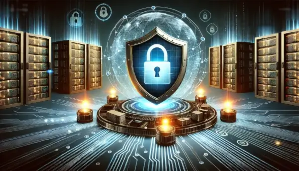 A shield containing a padlock, surrounded by servers and secure data streams, symbolizing online security.