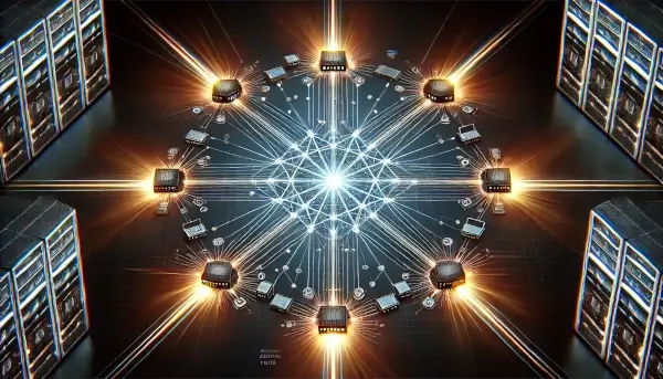 A star network topology illustration with a central glowing node connected to multiple peripheral devices by radiant lines on a dark background.