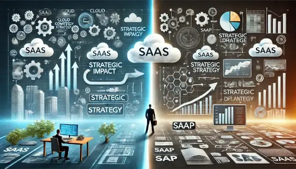 An image visually representing the concept of strategic impact in software decisions. The left side highlights SaaS's dynamic, growth-focused strategy, while the right side depicts the more controlled, deliberate strategic planning associated with SaaP.