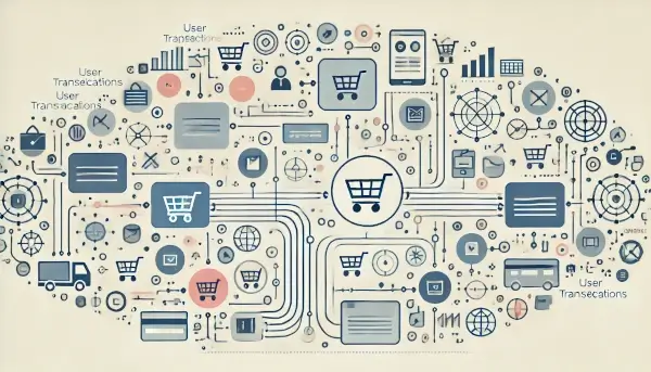 Interconnected digital pathways and icons representing e-commerce elements like shopping carts and payment gateways, symbolizing complex user transactions and data flow.