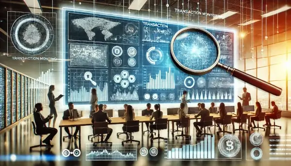 Image of transaction monitoring with data streams analyzed by people in a modern office, highlighting security and vigilance.