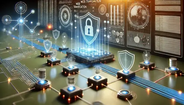 A representation of a web transaction being monitored within a secure digital network, featuring data packets, glowing pathways, and security elements.