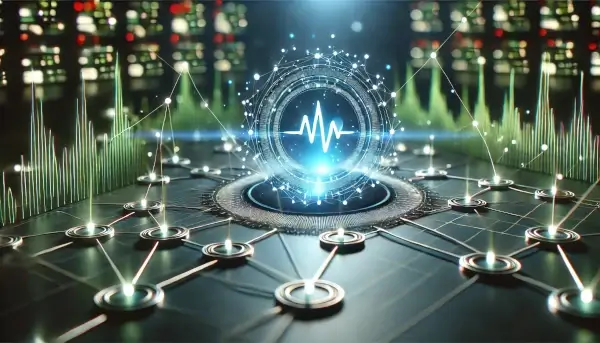 Glowing network with interconnected nodes and a central energy pulse, symbolizing uptime monitoring, stability, and continuous operation in a blue and dark green color scheme.