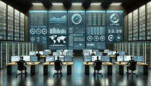 Modern control center with multiple screens displaying real-time website uptime monitoring and server performance.