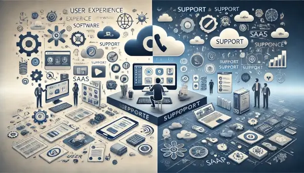 An image visually representing the concepts of user experience and support in software. The left side highlights the seamless and user-friendly experience of SaaS, while the right side shows the more involved, hands-on support often needed with SaaP.