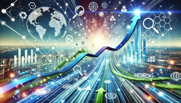 Digital landscape illustrating increasing website traffic, with flowing data lines, upward arrows, and icons representing SEO, charts, and global connectivity, all set against an abstract network background symbolizing progress and growth.