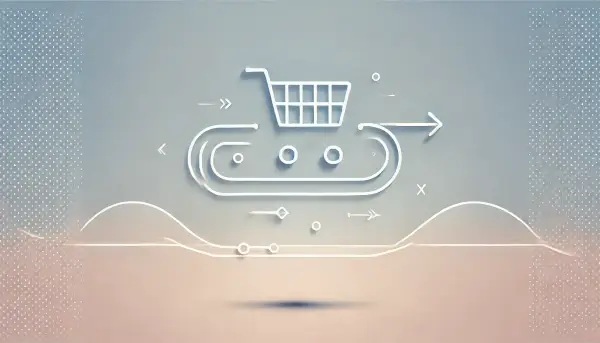 A digital shopping cart connected by a flowing line with arrows, symbolizing a user transaction.