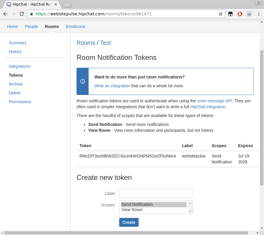 HipChat token creation